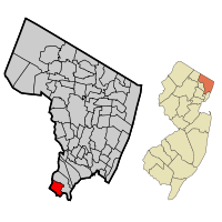 Location of North Arlington in Bergen County highlighted in red (left). Inset map: Location of Bergen County in New Jersey highlighted in orange (right).