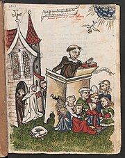 black-and-white-drawing of the preacher Berthold von Regensburg, speaking from an open-ait pulpit to a group of people, with a church left and the Holy Spirit as a dove in the upper right corner