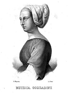 Lithograph of a young woman in a mediaeval head-dress