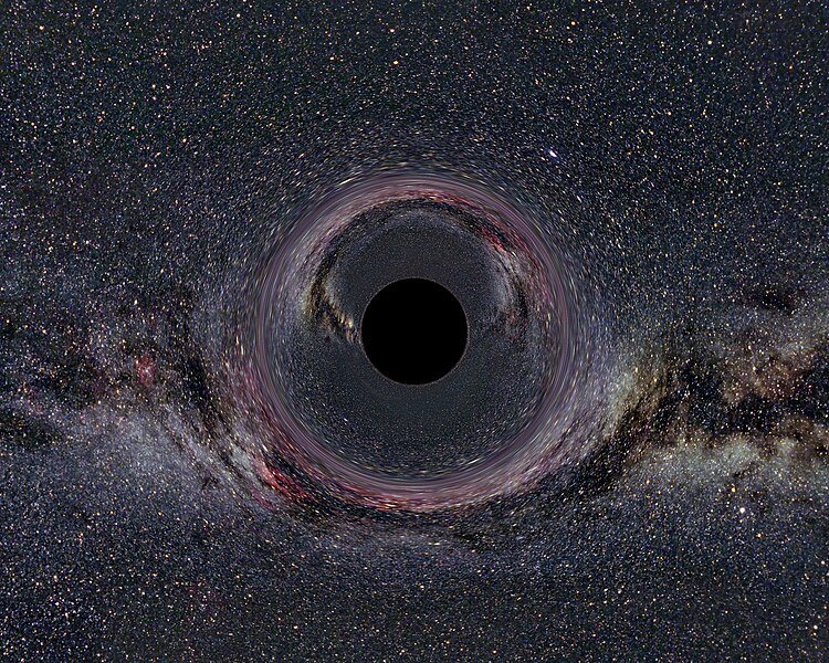 Ein simuliertes Schwarzes Loch von 10 Sonnenmassen vor Milchstraßenhintergrund aus 600km Abstand gesehen (horizontaler Öffnungswinkel der Kamera: 90°)