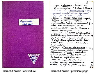 Photo double page d'un petit carnet de notes, comportant à gauche sa couverture plastifiée de couleur mauve avec une mention manuscrite au stylo-bille bleue, et à droite sa première page également manuscrite en encres de différentes couleurs.