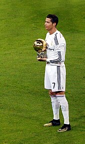 Ronaldo, with his third Ballon d'Or, at the Santiago Bernabeu in January 2015 Cristiano Ronaldo - Ballon d'Or (cropped).jpg