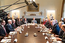 Trump sits with Cabinet officials at an oval conference table in a formal room, with microphones above it