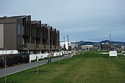 View of apartment buildings and a linear park