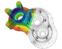 A numerical solution to the heat equation on a pump casing model using the finite element method. Elmer-pump-heatequation.png