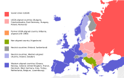 Political spheres of influence in Europe during the Cold War; neutral countries (shaded grey or light blue) considered informally Western-oriented but not formally aligned to the West Europe-blocs-49-89x4.svg