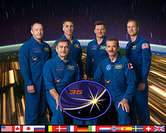 Zleva Alexandr Misurkin, Pavel Vinogradov, Chris Cassidy, Roman Romaněnko, Chris Hadfield a Tom Marshburn