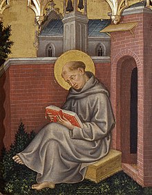 Detail from Valle Romita Polyptych by Gentile da Fabriano (c. 1400) showing Thomas Aquinas Gentile da Fabriano 052.jpg