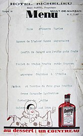 Menu du dimanche 10 mai 1936, incluant un Cointreau au dessert.