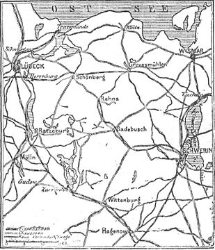 Localisation des Kaisermanöver 1904, entre Lübeck, Hagenow et Schwerin.