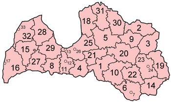 Map of the districts of Latvia in alphabetical order.