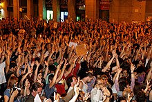 Peaceful protests in Madrid. In August 2011, Spain's unemployment reached 21.2% (46.2% for youths). Madrid - Acampada Sol - 110520 230541.jpg