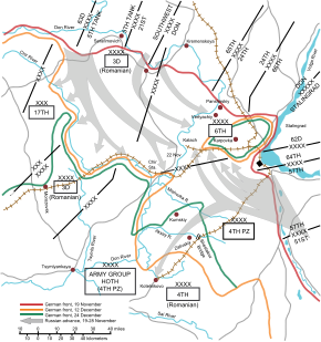 The Soviet counter-attack at Stalingrad
German front, 19 November
German front, 12 December
German front, 24 December
Soviet advance, 19-28 November Map Battle of Stalingrad-en.svg