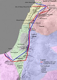 Map showing an interpretation of the borders of the Land of Israel, based on scriptural verses found in Numbers 34:1-15 and Ezekiel 47:13-20, includes almost all of the occupied territories. Map Land of Israel.jpg