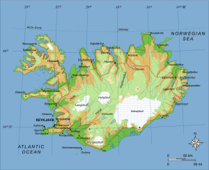 A map of Iceland, showing major towns, rivers,...