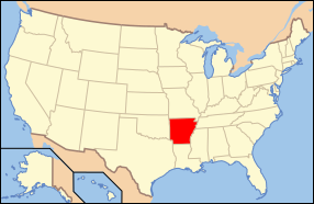 Map of the United States with Arkansas highlighted.