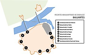 Mapa de baluartes del Recinto abaluartado de Badajoz.