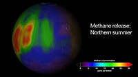 Распределение метана в атмосфере Марса в летний период в северном полушарии.