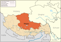 मानचित्र जिसमें नगचु (नचु) विभाग ནག་ཆུ་ས་ཁུལ་ Nagqu Prefecture 那曲地区 हाइलाइटेड है