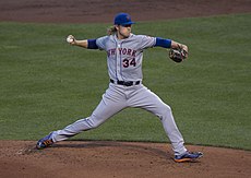 Major League Baseball player Noah Syndergaard pitching for the New York Mets in 2015 Noah Syndergaard (20697486276).jpg