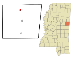 布魯克斯維爾在諾克蘇比縣及密西西比州的位置（以紅色標示）