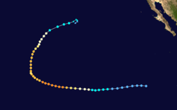 Map plotting the track and intensity of Hurricane Olaf according to the Saffir–Simpson scale