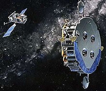 Orbital Manoeuvring Vehicle, showing the Short Range Vehicle left in orbit between missions Orbital Manoeuvring Vehicle.jpg