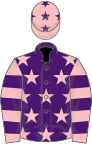 Purple, pink stars, pink and purple hooped sleeves, pink cap, purple stars