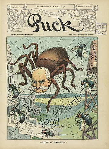 Capa da revista Puck de 1906, com uma caricatura do influente senador dos Estados Unidos Nelson W. Aldrich. Aldrich foi um proeminente político americano e líder do Partido Republicano no Senado dos Estados Unidos, onde representou Rhode Island de 1881 a 1911. Na década de 1890, foi um dos principais republicanos dos “Quatro Grandes” que controlavam amplamente as principais decisões do Senado, junto com Orville H. Platt, William B. Allison e John Coit Spooner. Por causa de seu impacto na política nacional e posição central no principal Comitê de Finanças do Senado, ele foi referido pela imprensa e pelo público como o “gerente geral da Nação”, dominando política tarifária e monetária na primeira década do século XX. (definição 3 849 × 3 849)