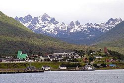 View of Puerto Williams with Dientes de Navarino mountains behind
