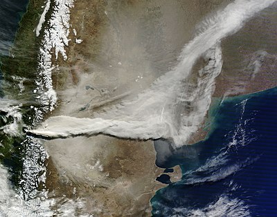 Image showing a large plume of volcanic ash blowing about 800 kilometers east and then northeast over Argentina.