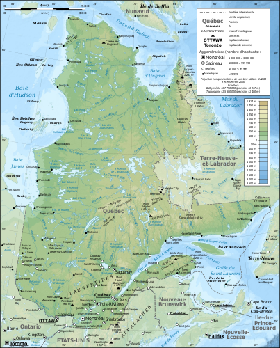 Физическая карта провинции Квебек (Канада) на французском языке. Использованы данные переписи 2000 года