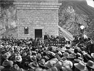 Black and white photograph of Theodore Roosevelt speaking at the dedication ceremony in 1911