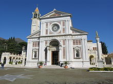 The Minor Basilica of Bambino Gesu di Arenzano, where the image is permanently enshrined and venerated. Santuario del Bambino Gesu di Praga (Arenzano) - Province of Genoa, Liguria, Italy - 23 Feb. 2014.jpg