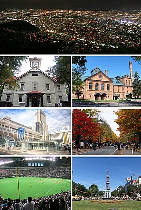 Da esquerda para direita a partir do topo: vista noturna a partir do Monte Moiwa, Torre do Relógio de Sapporo, Museu da Cerveja de Sapporo, Estação de Sapporo, Universidade de Hokkaido, Sapporo Dome, e a Torre de TV de Sapporo vista do Parque Odori.