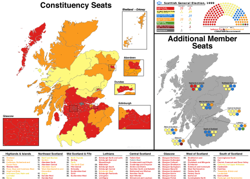 Карта, показваща победителите в избирателните райони на изборите по техните партийни цветове.
