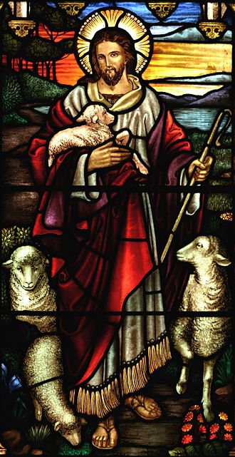 A stained glass depiction of Jesus as a Caucasian man with long brown hair, a beard and the characteristic Christian cross inscribed in the halo behind his head. The figure dressed in a white inner robe cover by a shorter, looser scarlet robe. Depicted as a Shepherd, he is holding a crux in his left hand and carrying a lamb in his right. Sheep are positioned to the left and right of the figure.