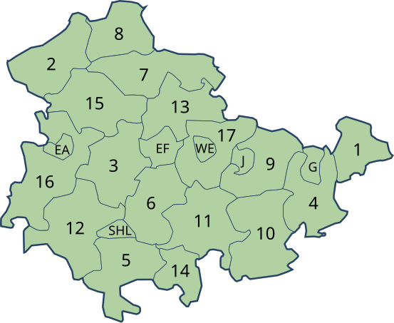 Map of Thuringia showing the boundaries of the districts