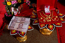 Traditional, formal presentation of the bridewealth (also known as "sin sot") at an engagement ceremony in Thailand Thai Bride Price 2008.jpg