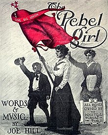 Cover of "The Rebel Girl" by Joe Hill, featuring a black and white drawing of a woman holding a bright red flag, followed by a boy and another woman.