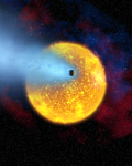 Illustration av planeten HD 209458 b och stjärnan V376 Pegasi (HD 209458), som är en planetpassage-variabel.