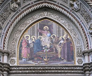 Mosaïque, due à Nicolò Barabino, du tympan du portail principal de la cathédrale Santa Maria del Fiore de Florence. (définition réelle 2 493 × 2 069)