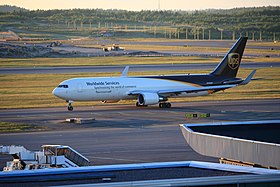 A Boeing 767-34AF/ER aircraft (N358UP) of United Parcel Service (UPS) at Helsinki-Vantaa Airport UPS B763-ER N358UP (14668119305).jpg