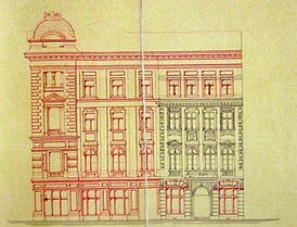 Проект нового здания Р.Шмелинга, со вписанным в него фасадом дома Хаберланда. 1880.