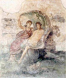 Bacchus, or Liber, and Ceres, mounted on a leopard. Fresco in Stabiae, 1st century Villa Carmiano triclinio 2 (cropped).jpg
