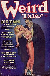 Couverture du magazine Weird Tales de juin 1936, montrant un vampire s'attaquant à une femme