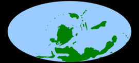 Reconstitution de la géographie terrestre du début du Dévonien vers 370 Ma.