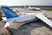 The An-124, the largest aircraft ever mass-produced, designed by Antonov in Kyiv Antonov An-124-100M Ruslan, Antonov Design Bureau AN2177099.jpg