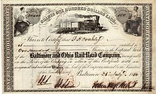 Share of the Baltimore and Ohio Rail-Road Company, issued 26. July 1856; signed by Johns Hopkins as president pro. tem. Baltimore and Ohio RR 1856.jpg