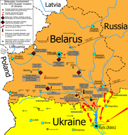 Map of Russian military activities in Belarus as of 15 March 2022 Belarusian involvement in the 2022 Russian invasion of Ukraine.png
